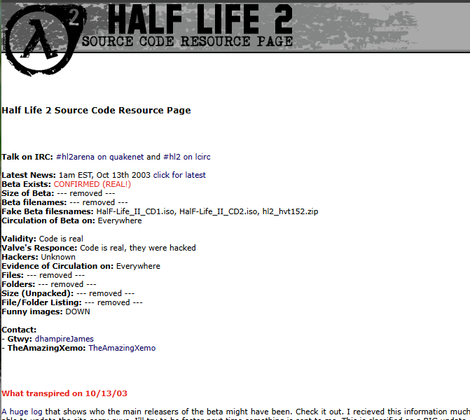 Screenshot of the old Half-Life 2 investigation site
